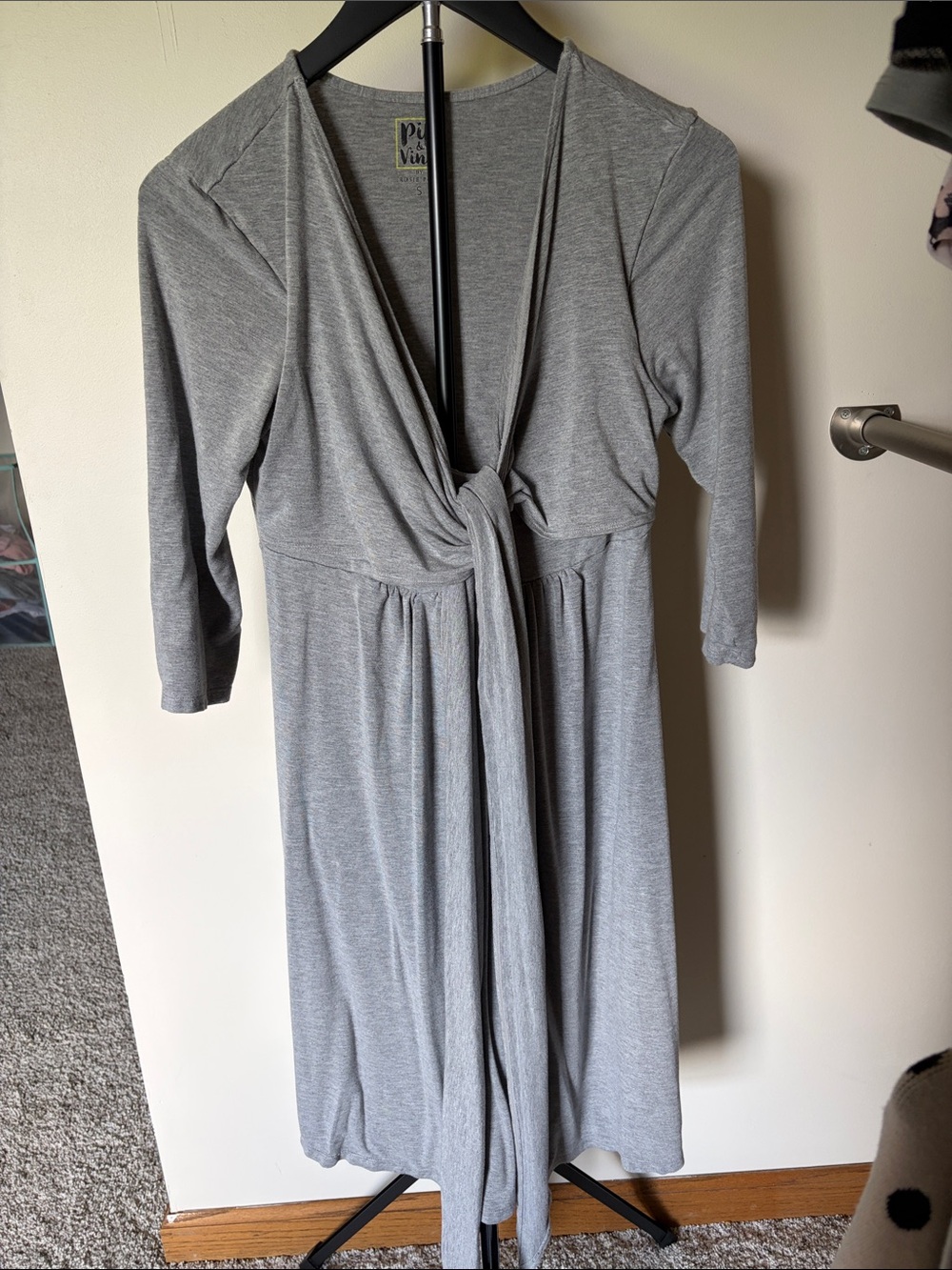 Grey Long-Sleeve Tie-Front Midi Dress